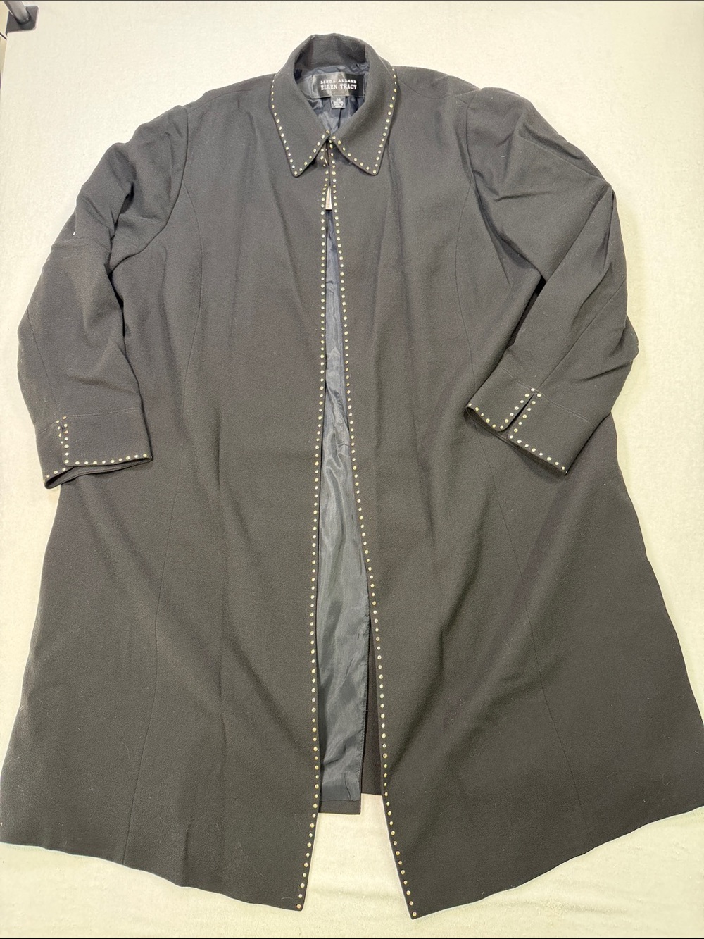 Elegant Linda Allard Ellen Tracy Black Stud-Trim Long Wool Duster Top Coat